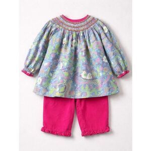 Petit Ami blue floral smocked 2 piece dress and corduroy pant set EUC 12 months
